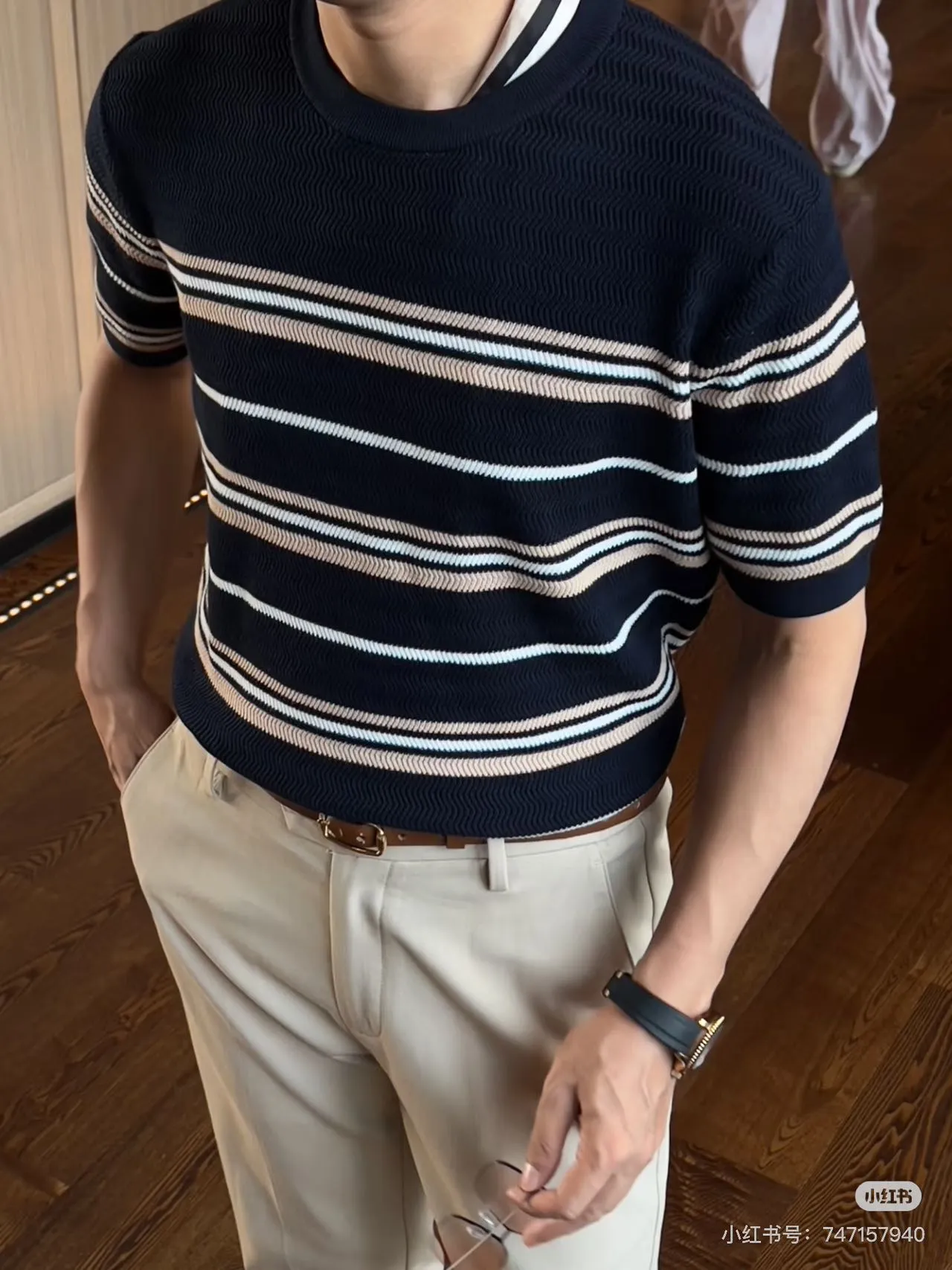 LORO PIANA LP horizontal striped knitted wool short-sleeved T-shirt upper body reference
